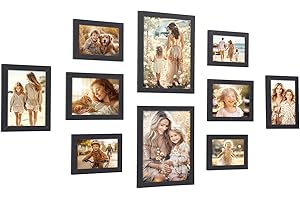 SONGMICS Marcos de fotos, Juego de 10, Dos de 20 x 25 cm, Cuatro de 13 x 18 cm, Cuatro de 10 x 15 cm, PS y MDF, Protección de Plástico,Regalos Navidad Originales, Negro Tinta RPF310H