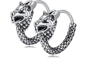 FLHEART Mens Hoop Earrings Viking Jewellery - Circle Stainless Steel Nordic Fenrir Wolf Head Scales Pattern Piercing Cartilage Hinged Earring, Amulet Norse Viking Gifts Vintage Huggies Earrings For Men