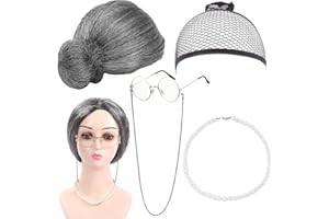 SHUNNBUY 5Pcs Old Lady Costume Cosplay Set Old Man Costume Accessories Granny Fancy Dress Disguise Kit Including Grandma Wig, Wig Cap, Granny Glasses with Chain, Pearl Necklaces