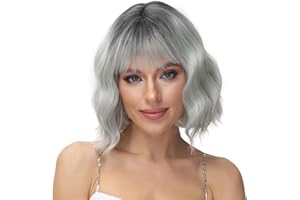 PARXITN Kurze Bob Perücke mit Pony Dunkler Wurzel Ombré-Silber Perücke Synthetisches Haar Bunt Täglich Party Halloween Cosplay Gewellte Lockige Perücken für Frauen