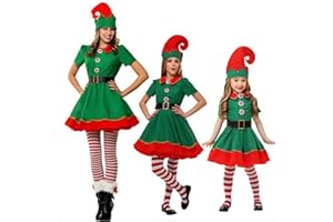 Lanunlly Ropa Navidad Familia Conjunto Traje de Elfo Navideño Hombre Mujer Disfraz Elfo de Niña Vestido Familia Adultos Niños disfraces Duende Iguales a Juego Chica para Fiestas Cosplay Carnaval 2025