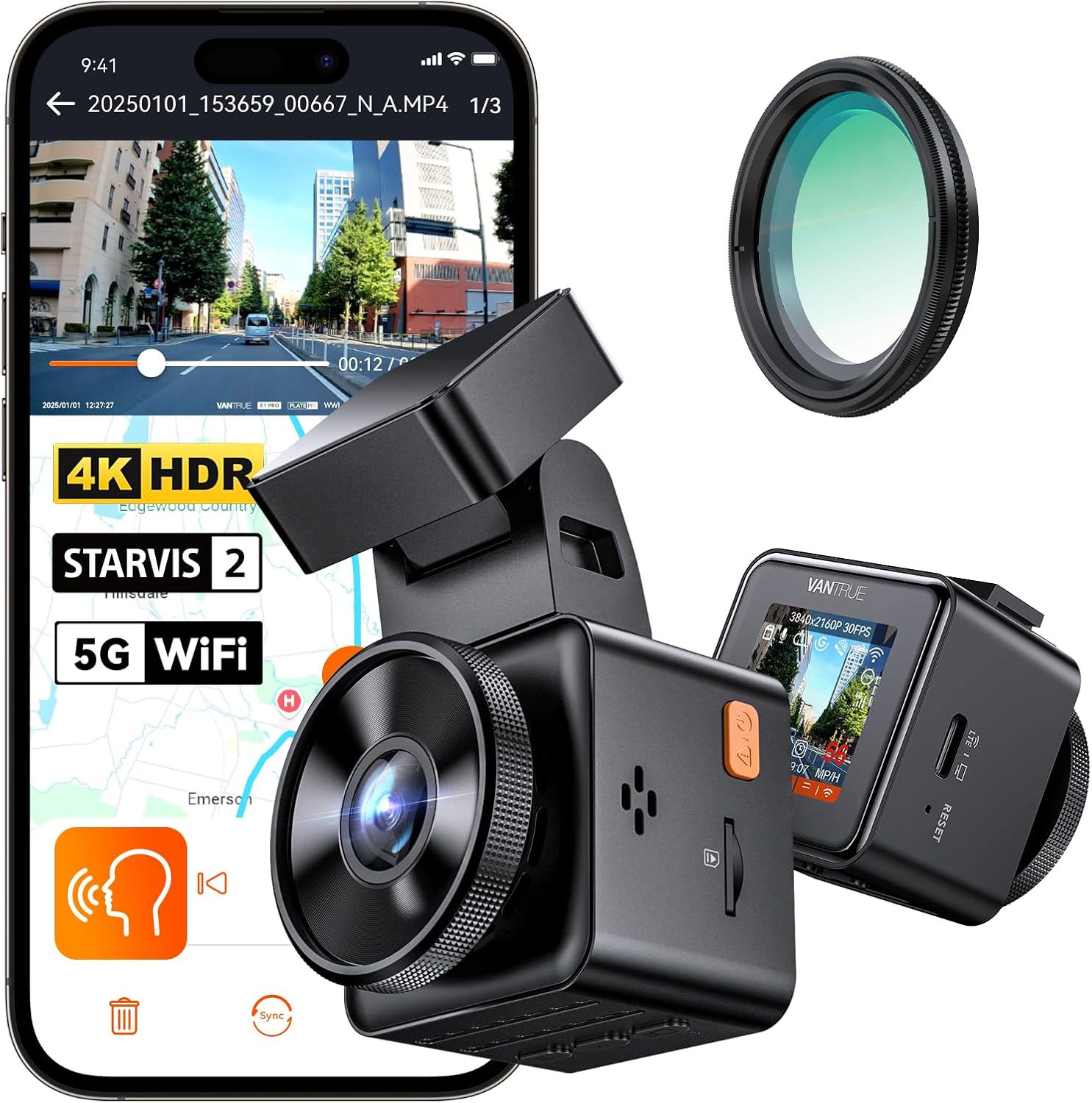 VANTRUE E1 Pro 4K HDR Car Dash Cam Front Sony STARVIS 2, 5G WiFi Dashcam & Free CPL,GPS Voice Control, 24H Parking Mode, Car Camera Dash Cam Night Vision, 1.54" 160°Hidden Front Dashcam, Support 1TB
