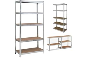 ROYALSWILL Scaffalature per garage, 180 x 90 x 60 cm, resistenti ripiani in MDF per riporre oggetti, argento 5 ripiani (175 kg di peso per ripiano) per officina, capannoni, casa, garage, ripostiglio