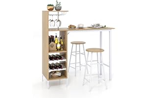 ‎COSTWAY COSTWAY Bartisch mit Barhocker Set, 2 Personen Bartisch Set mit Halterungen für Weingläser und Flaschen, Küchentheke für Wohnzimmer, Esszimmer und Küche (Natur)