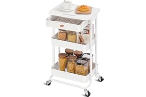 APEXCHASER Rolling Storage Cart with Drawer & Table Top, 3 Tier Metal Rolling Utility Cart, White Rolling Cart Organizer for Teacher Craft Baby Nursery, Utility Cart for Kitchen Bathroom Office
