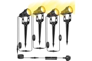HUAEU Garden Spotlights Mains, 14 M, 4-in-1 Outdoor LED Spotlight, Warm White, 3000 K, 12 V, IP65 Waterproof Garden Uplighter, Landscape Floodlight for Patio, Party, Outdoor, Trees, Lawn
