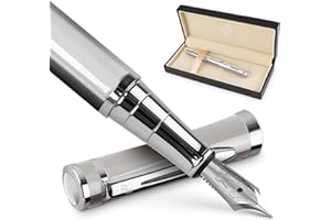 Wordsworth & Black Kit stylo plume, Plume moyenne, Comprend 24 cartouches d'encre et convertisseur de recharge d'encre, Coffret cadeau, Journalisation, Calligraphie, [Chrome argenté]