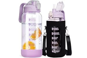 DEARRAY 2l Gourde Verre Motivation avec Paille et Marqueur de Temps 2 litres grand transparente Bouteille eau Verre Borosilicaté Carafe eau Pichet en Verre