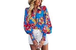 HUXRAKV Camisas con Botones Mujer Blusa Casual Camiseta Manga Larga Elegante Camisas Estampadas Cuello en V Primavera Otoño T Shirt Tops