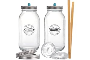Smiths Mason Jars 2-Pack 2L Fermenting Clear Glass Jars con clip di legno, pesi e 2pcs Coperchi - Ideale per Kimchi Storage, sottaceti e la conservazione dei vostri snack preferiti