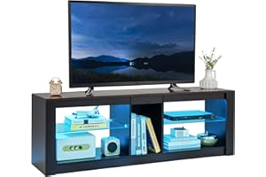 COSTWAY Mobile Porta TV, Mobile TV con Luci LED per TV fino a 65", Tavolino Multifunzionale da Soggiorno, con Ripiani in Vetro Regolabili, per Soggiorno, Camera da Letto