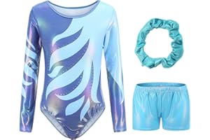 Hovershoes Gymnastics Leotards for Girls Long Sleeve Bodysuit Sparkle Gradient Colorful Diamond Ballet Dancing Leotard Tumbling Shorts Kids Youths Athletic Dancewear