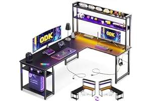 ODK Scrivania Gaming con LED, 150×120 cm Scrivania con Ripiano Reversibile, Scrivania ad L con Prese e Porte USB, Scrivania Gaming Nero con Scomparti e Spazio di Archiviazione