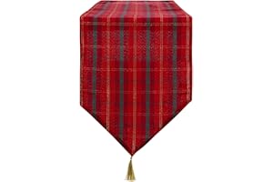 Celebright Christmas Tasselled Table Runner - 13 x 72 inches (33 x 183 cm) - Ideal Xmas Dinner Table Decorative Settings - Scottish Tartan - Red, Green & Metallic Gold
