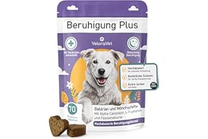 VeloraVet Beruhigungsmittel für Hunde mit Baldrian, Kamille - Natürliche Beruhigung & Seelenruhe als leckerer Snack für deinen Hund - Ideal bei Angst, Stress, Silvester, Autofahren - 70 Stück