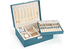 Sofore Portagioie da donna, grande scatola portagioie a 2 strati, con 2 cuscini per orologio, in pelle PU, organizer per gioielli da viaggio, per orecchini, anelli, collane, orologio, verde scuro