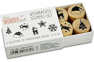‎FRAU WUNDERVOLL Frau WUNDERVoll® Stempel - 6 Weihnachtsmotive- aus Holz, Schrift-/ Motivgröße: Ø je ca 2,5 cm (Schneeflocke,Nikolausmütze,Stern,Sterschnuppe,Tannenbaum,Hirsch) Weihnachten, Adventskalender