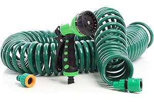 Wiltec Tuyau d’arrosage en spirale - Longueur 15 m - Extensible - avec Buse Multijets 7 modes - Flexible de jardin pour Maison et Jardin - Jardinage Arrosage