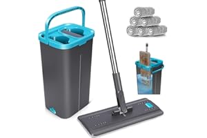 MASTERTOP Mopa Fregona y Cubo Escurridor para Limpieza Suelos Mopa Plana Microfibra con Cubo Dos Compartimentos y 6 Almohadillas Reutilizables para Madera Parquet Azulejo (Gris Oscuro)