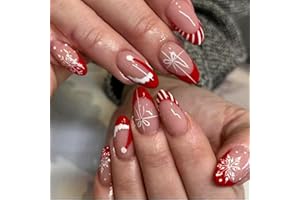 MAGGIDEA 24PCS Christmas Press On Nails Almond - French Tip False Nails with Glue - Acrylic Fake Nails with Red Christmas Hat, Snowflakes Design - Full Cover Stick on Nails for Women Xmas Party Gift