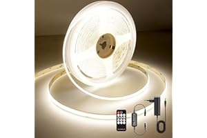 AXMOTUT Striscia LED COB 5 metri 24V, Striscia LED Bianco Naturale 4000K, 320LEDs/m, Larghezza 8mm, CRI90+, con Alimentatore, Telecomando RF, luci led per Cucina, Soggiorno, Feste, Bar