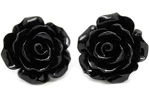 Bluebubble ENGLISH ROSE 22mm Midnight Black Carved Rose CLIP ON Earrings on Gift Card