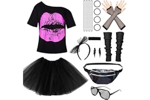 ANSAMY Deguisement Annee 80 Accessoire Femme Fluo Déguisement Année 80s Disco Fête Tutu T-shirt Sac Banane, Lunette, Bandeau, Colliers Jambières Soirée année 80 Fête Néon Tutu Fluo