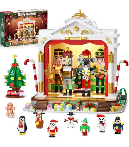 Ensemble De 4 Blocs De Construction Noël - Puzzle Briques Père Noël, Rennes Et Mini Bâtiments, Ornements Festifs