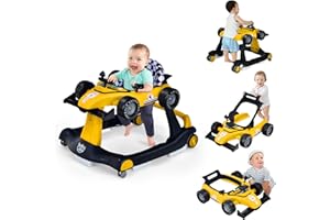 GOPLUS 4-in-1 Baby Walker, Height Adjustable with Light & Music, Baby Walker Car-Shaped with Adjustable Speed, Walker for Children from 6 Months (Yellow)