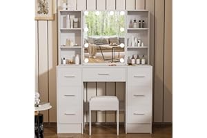 Umeiga Large Makeup Vanity Table with Lighted Mirror, 39.4" W Vanity Desk with 7 Drawers and Stool Shelves Makeup Vanity Desk for Bedroom Furniture for Girls Women,White