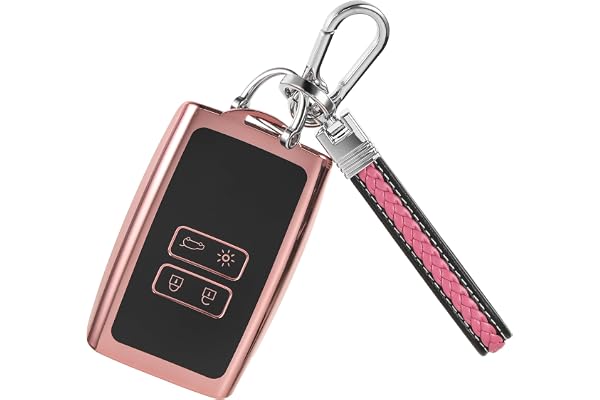 Étui Carte Compatible Renault Dacia Clio Megane Espace 5 Arkana Talisman Coque Clé Télécommande Coque de Protection pour clé de Voiture, Silicone TPU Étui pour Clés avec Porte-clés - 4 Boutons Rose