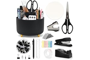 HEBAOGUGU 13-in-1 Stationery Set, Black Office Accessory with Pen Pot, Tape Dispenser, Stapler and Staple for School, Practical Office Supply with Scissor, Ruler, Color Tabs, Ideal Present for Children