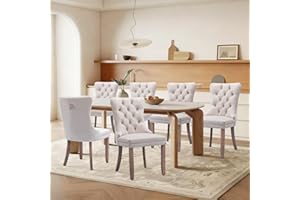 SoarFlash Ensemble de 6 Chaises de Salle à Manger en Velours, avec Dossier à Ailes tapissé, piquetage à Boutons, Garniture rivetée, Anneau décoratif de Dossier et Jambes en Bois, Beige