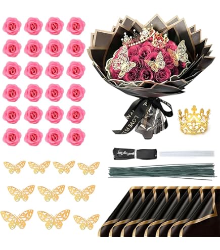 SciFiVisi 24 stuks glitterrozenboeket, roze glitterrozen, boeket