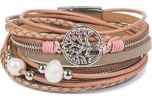 styleBREAKER Omlottarmband med pärlor och livets träd-magnet,AltRosa