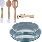 Bergner Click&amp;Cook Set of 2 Frying Pans &Oslash;24&Oslash;28cm Pressed Aluminium Green with Removable Handle+Set of 3 Kitchen Utensils in S