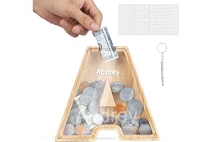 DONJIM Personalized Wooden Money Box, 7" Letter Piggy Bank, Clear Money Gift Box, Detachable Money Jar, with DIY Alphabet Stickers and Screwdriver, Alphabet A Money Tin