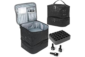 bssmmai Organizer do przechowywania lakieru do paznokci, dwuwarstwowy organizer do przechowywania lakieru do paznokci, torba na 30 butelek i lampkę do paznokci (różowa), czarny, Organizer do