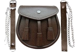 AOKITEC SHYNE KILTS U.K Écossais Marron Kilt Sporran Cuir et Ceinture 3 Pompons Sporran Cuir