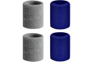 BASTOUR Bracelets de Sport, Bracelet Bande Sport Poignet, Sport Bandeau de Poignet en Coton Doux, 4 Pièces Bandeau de Transpiration en Sport Poignet pour Le Basket-Ball de Gymnastique, Bleu et Gris