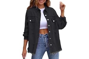 MTROTE HXUE - Chaqueta vaquera rasgada con bordes crudos de longitud media - Chaqueta vaquera rasgada de manga larga para mujer Primavera y otoño Tops casuales con solapa y bolsillos