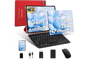 SKYEGG Tablette Android 14 avec 5G Wi-FI 6, 20 GO RAM+128 GO ROM (Extensible Jusqu'à 1 to), Tablette Tactile avec Widevine L1, 5MP+8MP, 6000mAh, Tablette 10 Pouces avec Clavier+Souris et Cas, Rouge Rosé