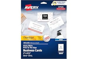 Avery Clean Edge wizytówki do druku z technologią Sure Feed, 5 cm x 8,9 cm, białe, 160 pustych kart do drukarek atramentowych (8869)
