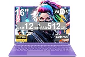 HUQPPQ 16 Inch Gaming Laptop, Celeron N5095 (Up to 2.9GHz),12GB RAM 512GB SSD, 1TB Expandable, FHD 1920x1200, WIN11, USB3.0, Webcam, Notebook Computer for Students & Office-Purple