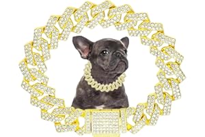 HOTLION Gold Dog Chain, Diamond Cuba Link Dog Collar Metal Dog Necklace Cat Chains Pet Crystal Collars Jewelry for Small Medium Large Dogs Cats, 16-inch