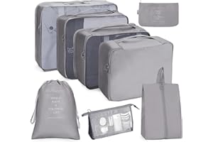 Bansga 8-częściowy worek na ubrania, kostki do pakowania, zestaw wiszących koszyków na urlop i podróż, organizer bagażowy, system organizacji bagażu, kolor szary