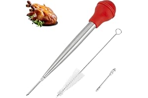 Omoojee Turkey Baster Syringe for Cooking, Large Stainless Steel Meat Injector, with Cleaning Brush and 2 Marinade Needles, Red