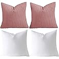AMEHA Corduroy Blush Pink Velvet Cushions with covers included Pack of 4 (2 Covers 45 x 45 cm, 2 Inserts) Square throw Pillowcases with Invisible Zipper for Sofa Bed Livingroom 18”x18” inches