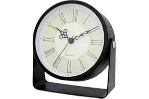 Maxspace Analog Alarm Clock - 4.5" Silent Non Ticking Small Clock with Light, Rotatable Stand Metal Desk Clock Battery Operated, Simple Design for Living Room Decor/Bedroom/Bedside/Shelf (Black-Roma)