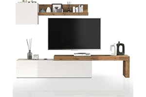 WHOUS Parete Attrezzata CHRONOS per Soggiorno, Mobile Tv Regolabile, Cubo con 1 Anta e Mensola per Salotto in Legno, 190/350x40 cm, Bianco Lucido e Rovere